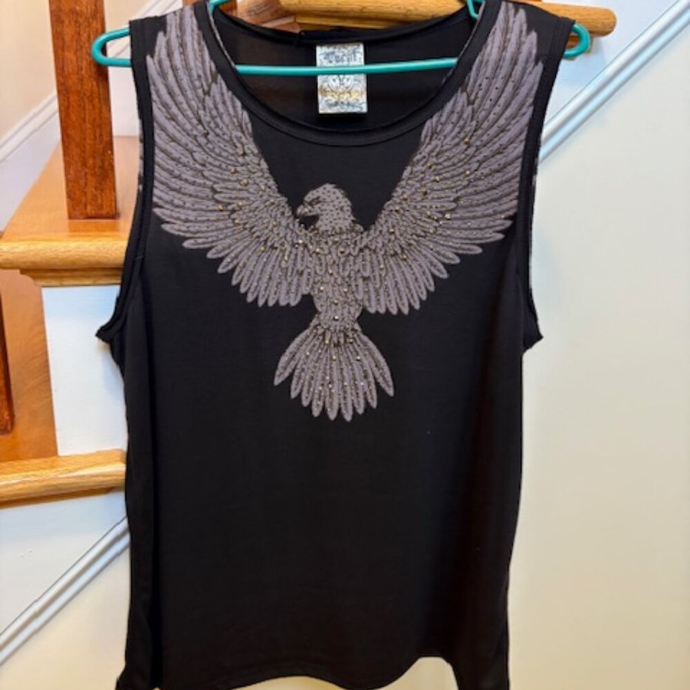 Black Tank Top with Embellished Eagle Detail